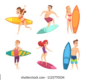 Summer surf characters. Vector funny mascots in various action poses. Surfboard, character man and woman with board illustration