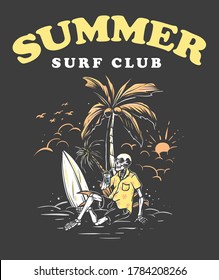 Summer Surf Club Illustration With Relaxed Skeleton