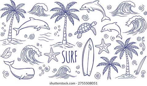 Summer Surf Elements Collection with Dolphins Whale Sea Turtle Palm Trees and Surfboard in a cad drawing flat vector illustration