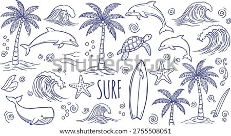 Summer Surf Elements Collection with Dolphins Whale Sea Turtle Palm Trees and Surfboard in a cad drawing flat vector illustration