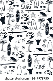 Summer Surf hand draw background with Surfboard, Wave, Palm tree and shark