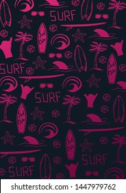 Summer Surf hand draw background with Surfboard, Wave, Palm tree and shark