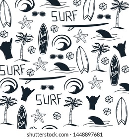 Summer Surf hand draw background with Surfboard, Wave, Palm tree and shark