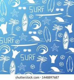 Summer Surf hand draw background with Surfboard, Wave, Palm tree and shark