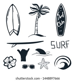 Summer Surf hand draw set with Surfboard, Wave, Palm tree and shark