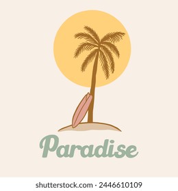 Summer surf illustration. Summer tropical paradise. Summer palm tree illustration. Tropical paradise illustration for t shirt design, apparel, poster, postcard, greeting, invitation