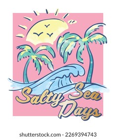 Summer surf palm trees view with watercolour illustration vector print for t- shirt sweatshirt and other uses.