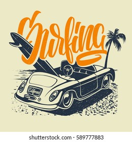 Summer Surf Print with car, Palm Trees and Lettering. Vector Illustration.