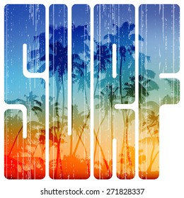 Summer surf retro vector letters with beach view inside
