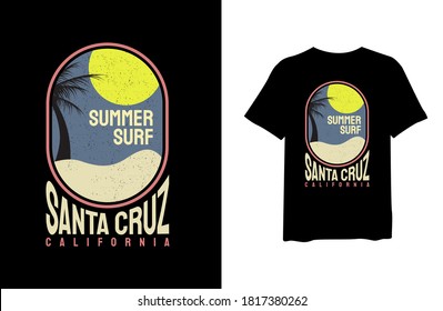 Summer surf santa cruz california with tropical palm silhouettes, stylish t-shirts and trendy clothing designs with lettering, and printable, vector illustration design.