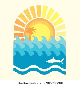 Summer surf shark illustration, t-shirt graphics, vectors, typography 