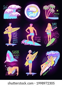 Summer Surf signs. Fashion neon Surfer banner. Retro Wave and palm. California card. Vintage Man on the surfboard, beach and sea. Engraved emblem hand drawn. Night signboard or light banner