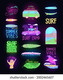 Summer Surf signs. Fashion neon Surfer banner. Retro Wave and palm. California card. Vintage Man on the surfboard, beach and sea. Engraved emblem hand drawn. Night signboard or light banner