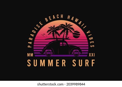 Summer surf, silhouette retro 80's style