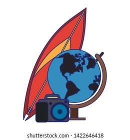 Summer surf table earth globe and camera cartoons vector illustration graphic design