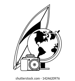 Summer surf table earth globe and camera cartoons vector illustration graphic design