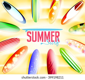 Summer Surf Typography Surrounded by Colorful Surfboards with Different Designs Laying in the Sand Background. Vector Illustration
