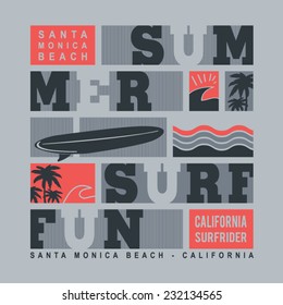 Summer surf typography, t-shirt graphics, vectors