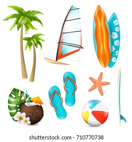 Summer surf vacation essentials colorful icons set with gear palms starfish fresh coconut cocktail isolated vector illustration 