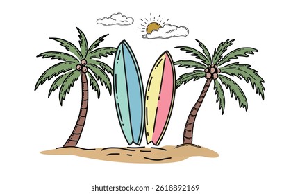 Summer, surf, wave, card, Postcard, mail, hand drawn illustrations