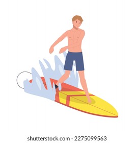 Summer surface water sport. man on the surf board. Surfing. Surfboard and water drops. Surfers man riding on the waves. Flat vector illustration