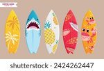 Summer surfboard element vector set. Summer surfing board with shark, pineapple, fish and crab pattern collection for beach water sport activity. Vector illustration surfboard collection.  
