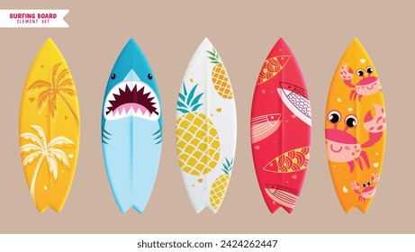 Summer surfboard element vector set. Summer surfing board with shark, pineapple, fish and crab pattern collection for beach water sport activity. Vector illustration surfboard collection.  
