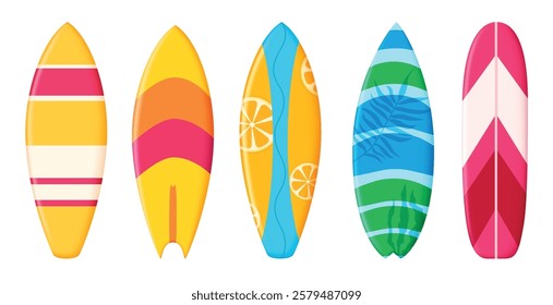 Summer surfboard elements clipart set. Colorful surfing board clip art collection with printed pattern for holiday season vector illustration.
