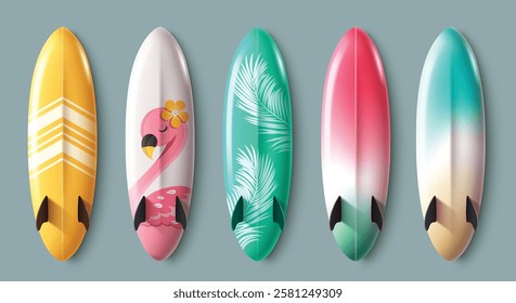 Summer surfboard elements clipart set. Colorful surfing board clip art collection with rocket design and printed tropical elements for holiday vacation vector illustration.