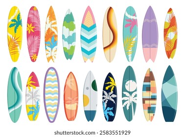 Summer surfboard elements clipart set. Colorful surfing board clip art with printed and pattern design collection for beach graphic elements vector illustration. 