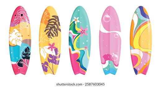 Summer surfboard elements clipart set. Surfing board elements with colorful abstract printed pattern clip art collection for tropical vacation holiday activity vector illustration.