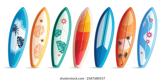 Summer surfboard elements clipart set. Surfing board object in colorful printed abstract design clip art collection for tropical holiday season beach activity vector illustration.