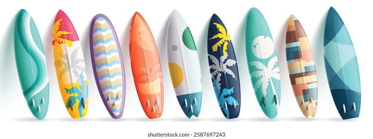 Summer surfboard elements clipart set. Summer surfboard clip art slanting collection in colorful printed pattern for tropical beach sports activity vector illustration.