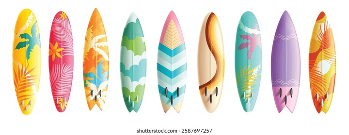 Summer surfboard elements clipart set. Colorful surfing board rocket with printed pattern elements clip art collection for holiday adventure vector illustration.