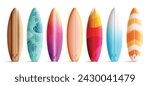 Summer surfboard elements vector set design. Summer surfboard 3d realistic element colorful collection for water sport activity isolated in white background. Vector illustration summer beach surfing 