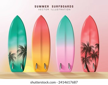 Summer surfboard elements vector set design. Surfboards in pastel color collection with palm tree decoration for vacation surfing activity. Vector illustration summer surfboard collection. 
