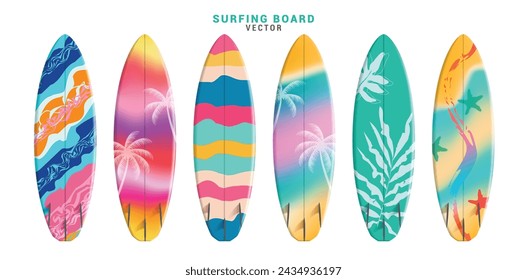 Elementos de tabla de surf de verano vector set diseño. Tabla de surf de verano en colorida colección de patrones impresos para la temporada tropical de actividad de deportes acuáticos 3d elemento realista. Ilustración vectorial de verano 