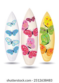 Diseño de conjunto de Vector de Elementos de tabla de surf de verano, para la actividad deportiva acuática aislada en el surf de playa de verano blanco incluso. 
( Diseño de mariposa a todo color ).