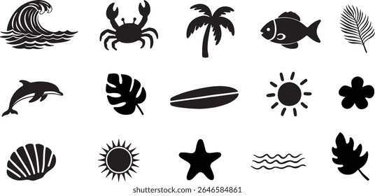 Summer Surfboard Icon Set of Tropical Beach and Ocean Silhouettes in Vector Style on White Background