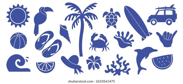 Summer surfboard icon set, vector hand drawn tropical ocean collection paradise vacation beach shape silhouete