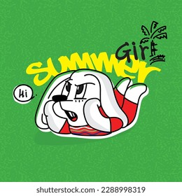 Summer surfboard rabbit wearing cute Asian beach clothes symbol and green background.