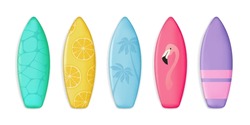 Summer Surfboard Set. Vector Illustration Surfboards, Decorated In Colorful Patterns In 3d Style, Isolated On White Background.