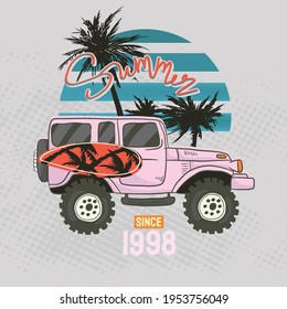 Summer Surfboard truck design Vector cartoon car surf on beach. vector format separated Coconut tree on Gray background.