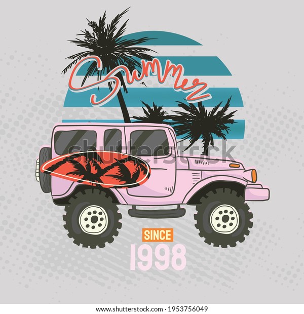 Summer\
Surfboard truck design Vector cartoon car surf on beach. vector\
format separated Coconut tree on Gray\
background.