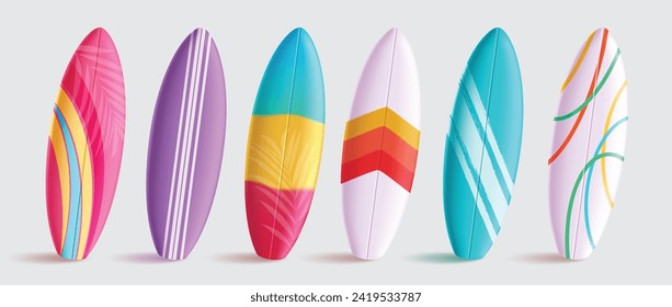 Summer surfboard vector set design. Summer surfboard in colorful pattern for water, sea and ocean surfing activity collection isolated elements. Vector illustration surfboard realistic collection. 
