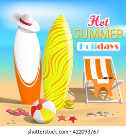 Summer. Surfboards and beach ball. Sea. Recliner. Yellow Surfboard. Orange Surfboard.
Summer rest. Vector Illustration
