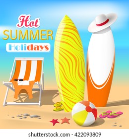 Summer. Surfboards and beach ball. Sea. Recliner. 
Summer rest. Vector Illustration