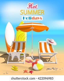 Summer. Surfboards and beach ball. Sea. Recliner. 
Summer rest. Vector Illustration