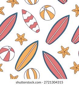 Sommersurfboards nahtloses Fliesenmuster mit bunten Brettern und lustigen Stranddesigns Konzept als bunte Surfboards und spielerische Strandmuster schaffen ein nahtloses Fliesendesign perfekt für eine lustige Sommeratmosphäre in Foto Stock Concept und leerem Raum auf der linken Seite, kein Text —ar 7:2 —tile
