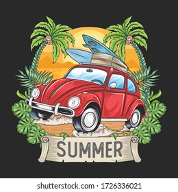 SUMMER SURFER AND CAR WITH COCONUT TREE ARTWORK VECTOR